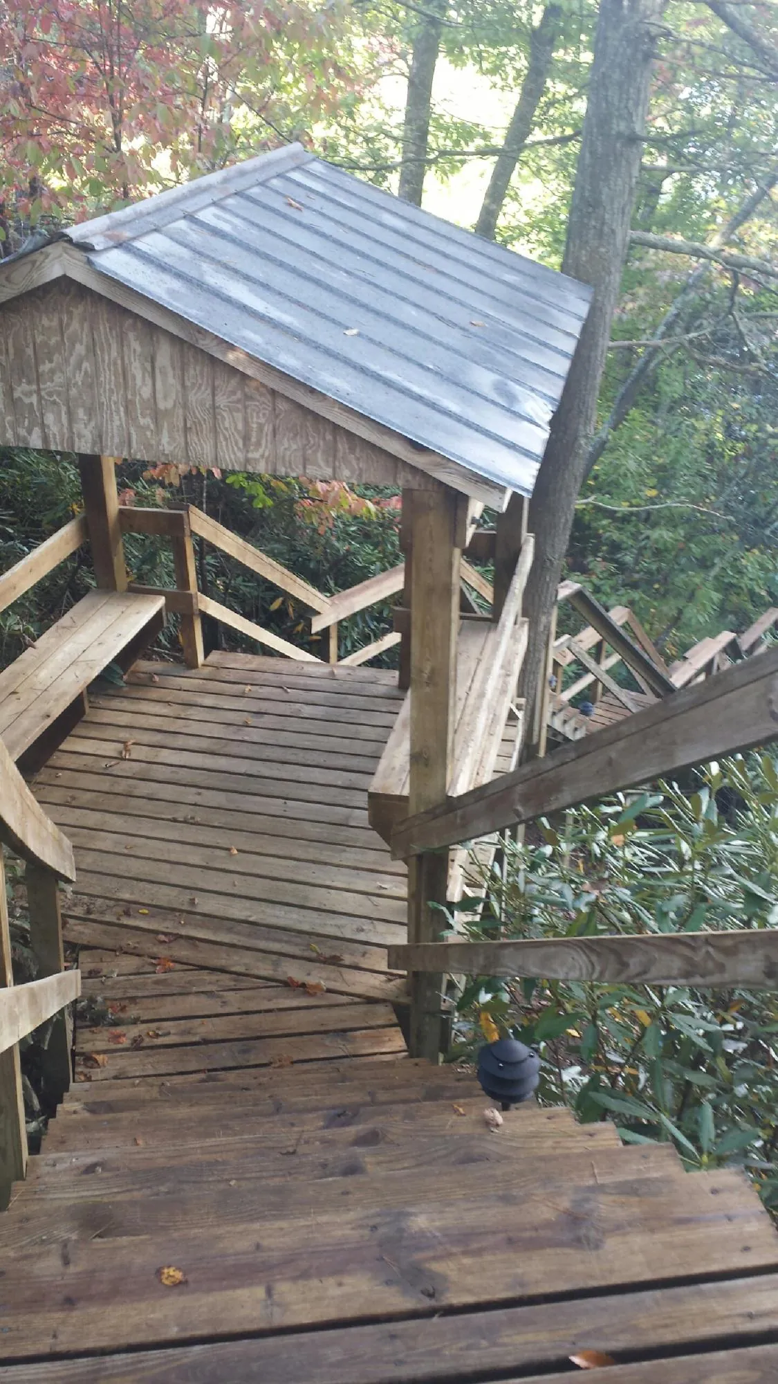Metal roofed shelter over wooden steps on a wooded walkway — Skylight Repair & Installation work by our crew in Temple